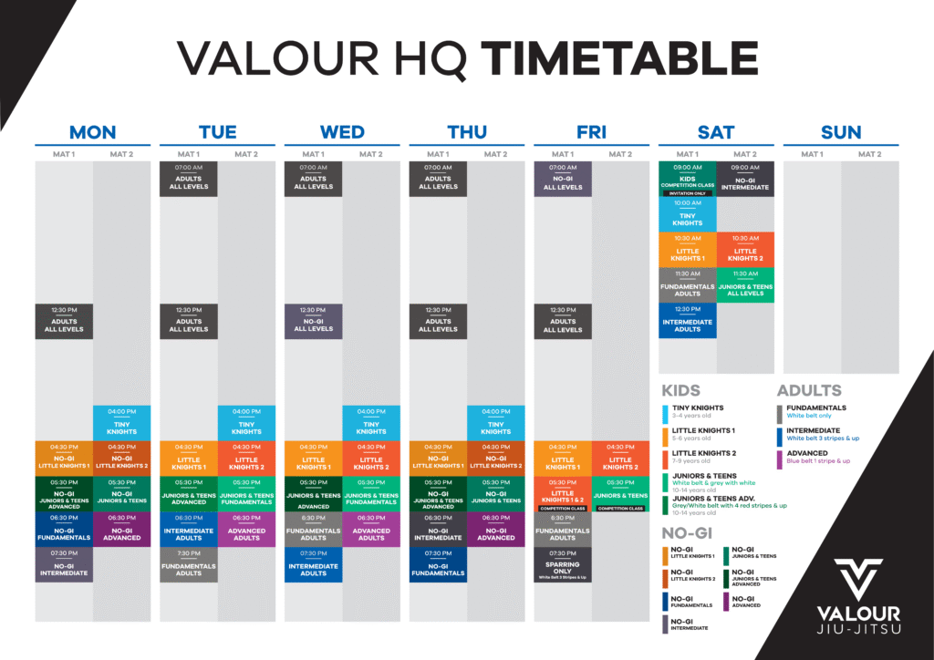 Valour Jiu Jitsu London — November class timetable and training schedule